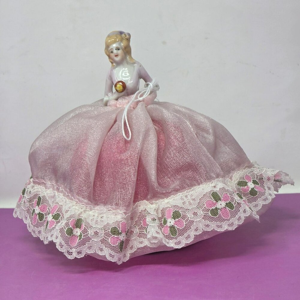 Antique Ceramic Doll Pin Cushion With Pink Lace Dress & Floral Trim